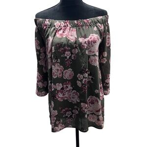 Belle Tweed Womens Size 1X Green Pink Floral Print Off Shoulders Boho Blouse